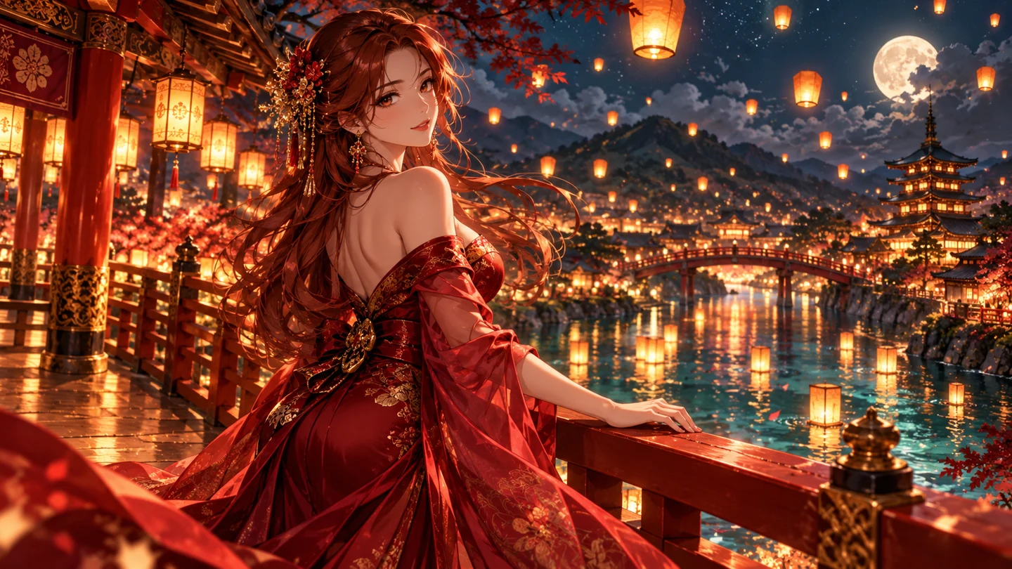 Lantern-lit escape adult anime scene